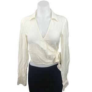 H&M White Collared Deep V Neck Cropped Long Sleeve Wrap Blouse Top Size XS